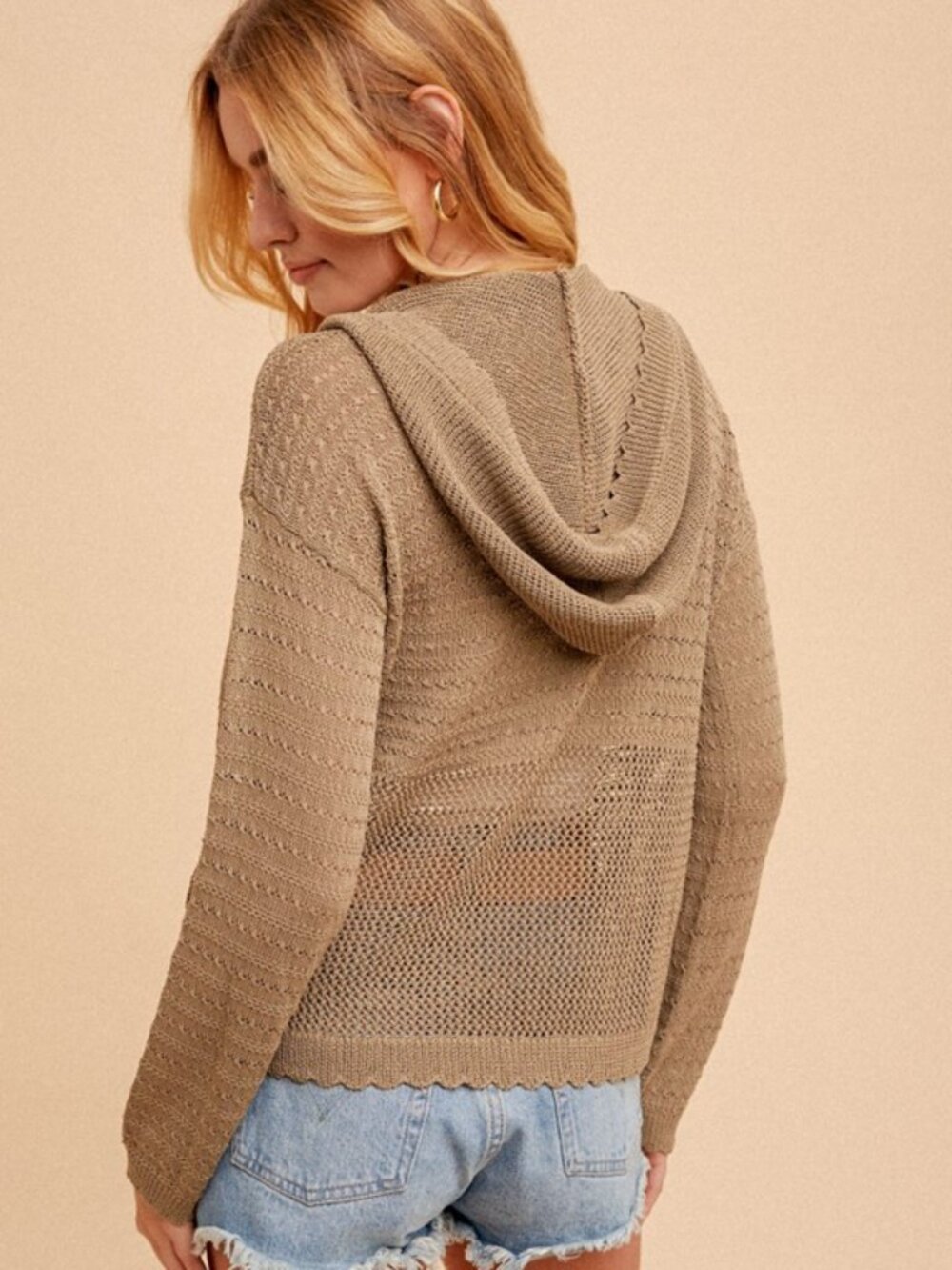 NWT Boutique: Hem & Thread Crochet Knit Pointelle Hoodie Sweater  in Olive - Picture 3 of 3